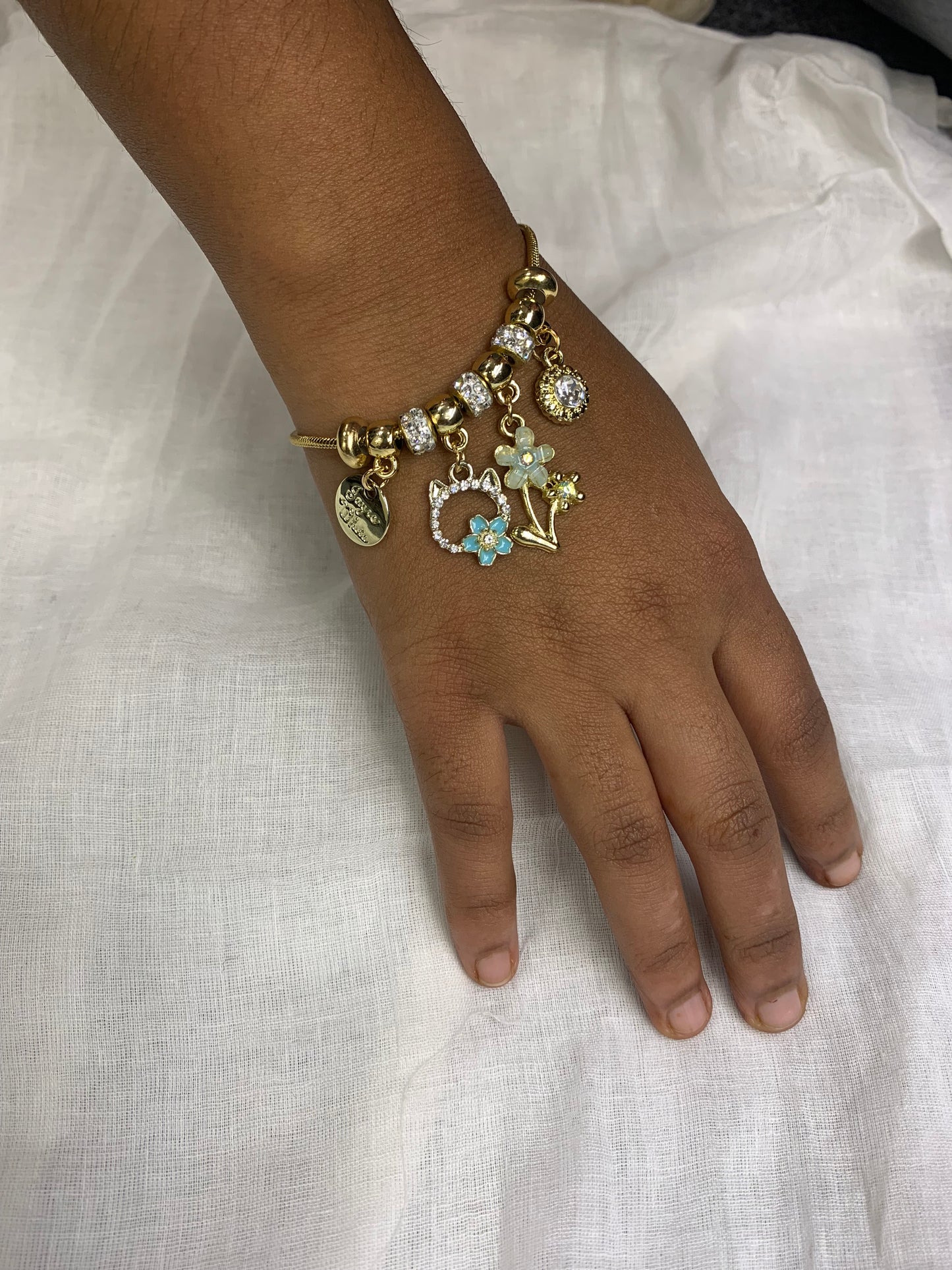 Floral & Cat Charm Bracelet