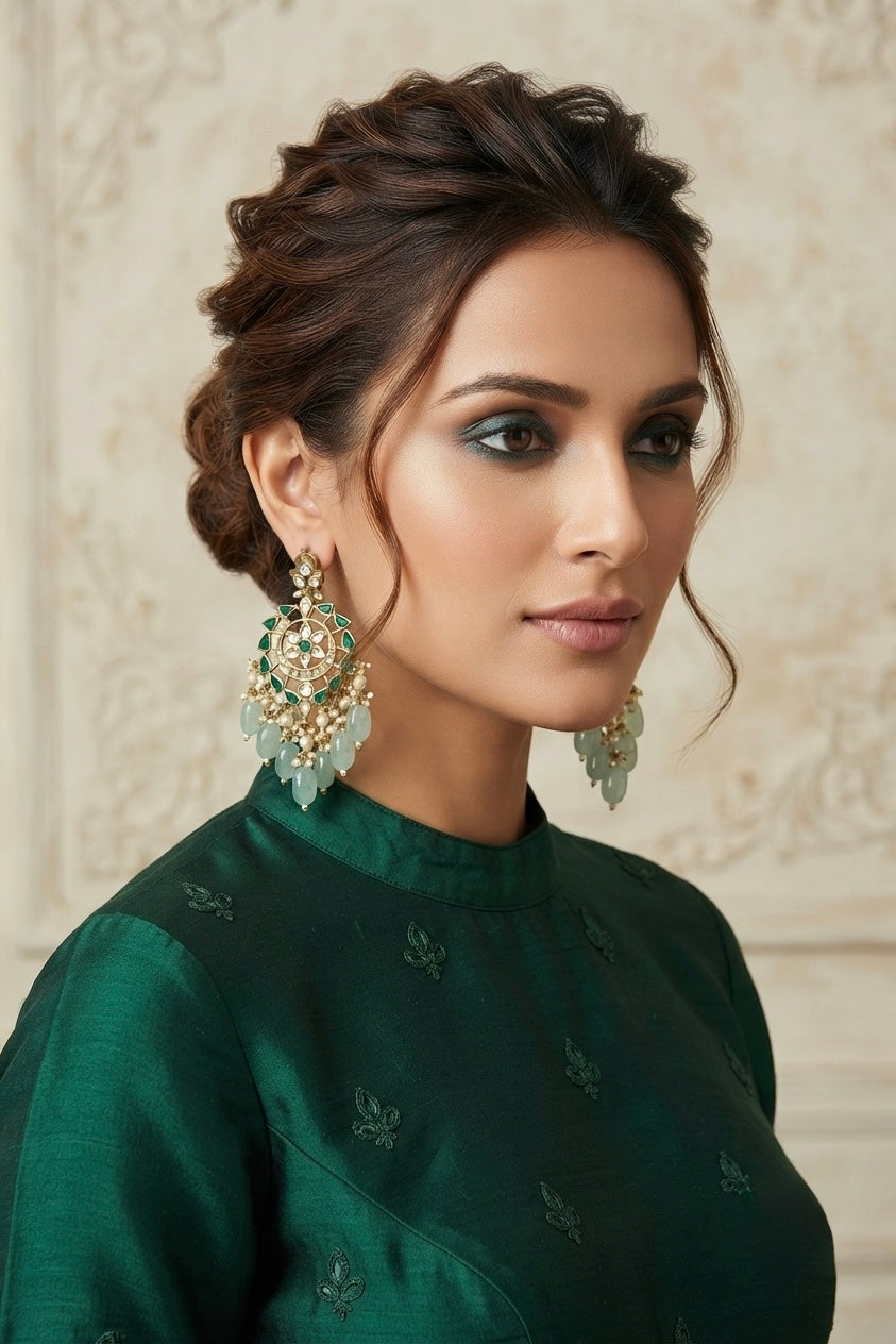 A woman with styled brown hair wearing ornate gold and green statement earrings and a dark green embroidered top, photographed against a softly textured beige wall.