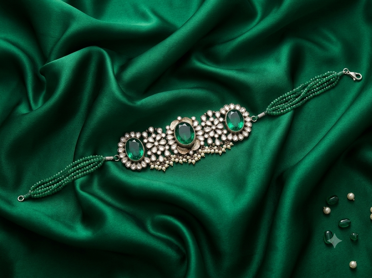 Green onyx and polki kundan 92.5 sterling silver bracelet with multi-strand beaded chain on green silk fabric