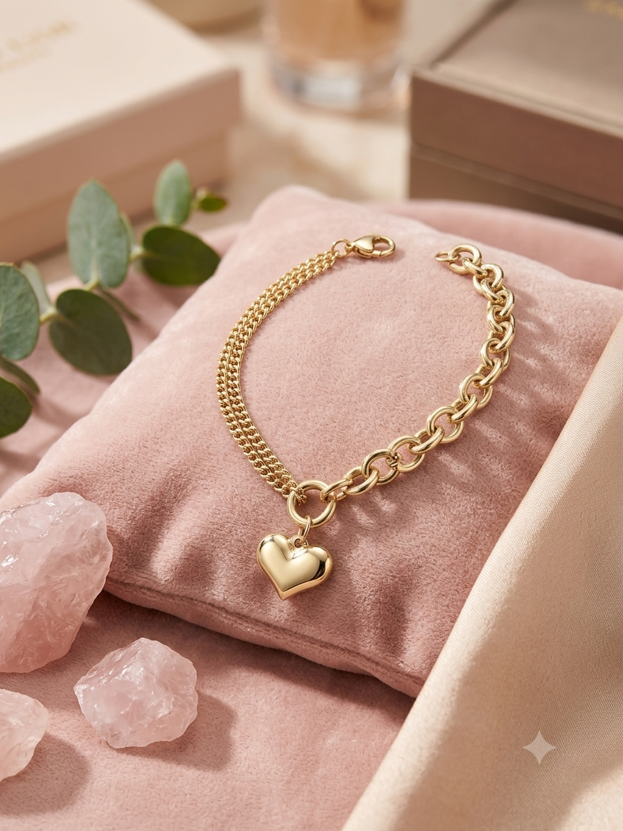 18K gold plated heart charm bracelet with mixed dual chain design — chunky cable links and fine curb chain — made from anti-tarnish brass, displayed on a pink velvet jewelry cushion with rose quartz crystals and eucalyptus