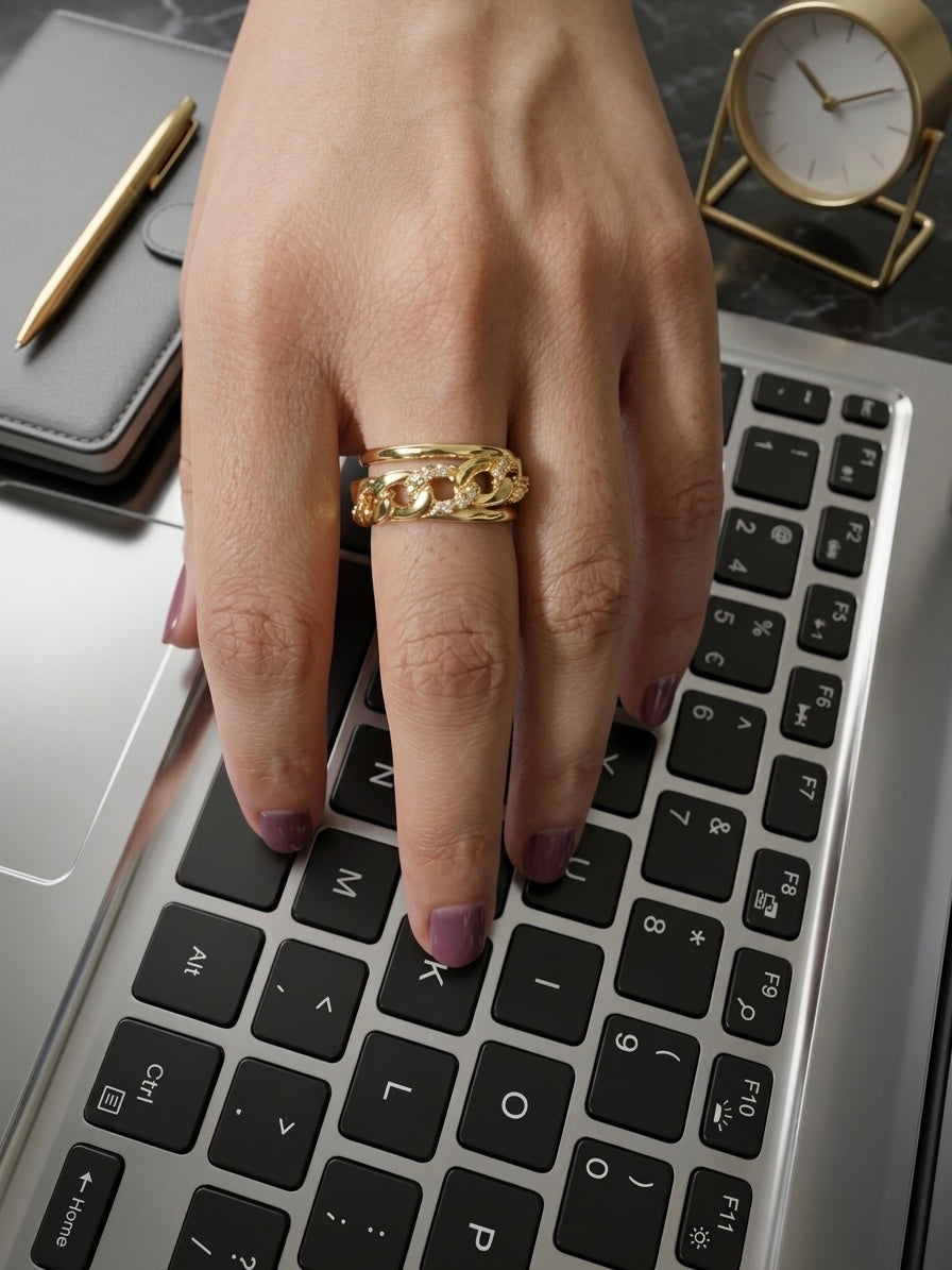 18K gold plated anti-tarnish adjustable designer ring for women with contemporary openwork design and premium electroplated finish.