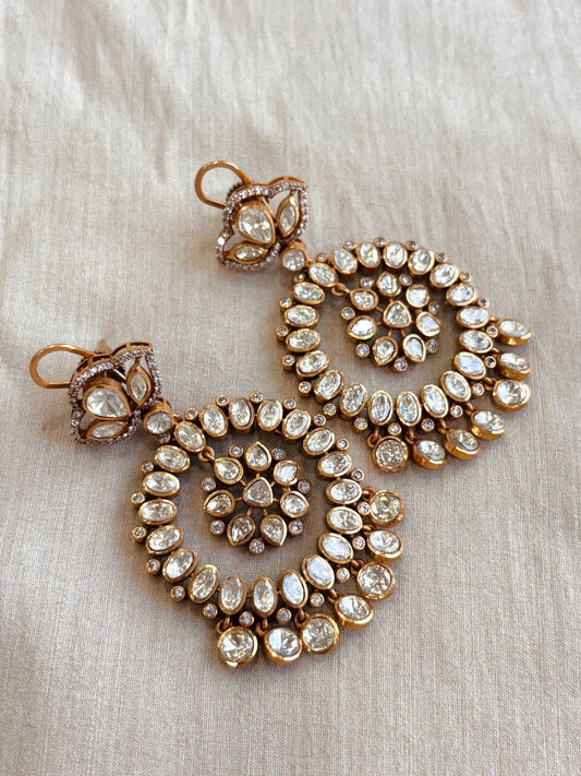 Luxe Uncut Polki Halo Drop Earrings in Antique Gold