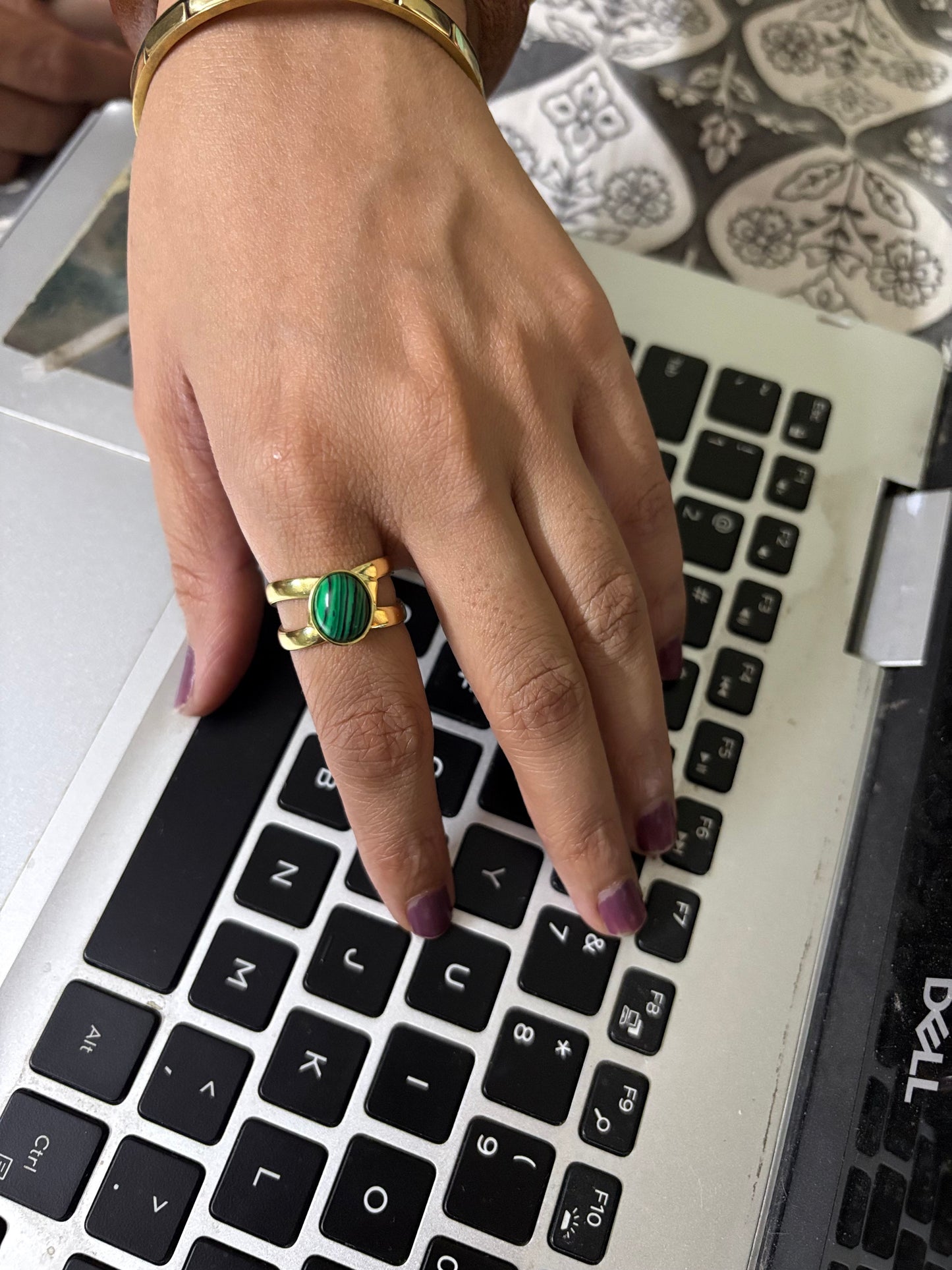 Gold double band malachite ring with oval green cabochon stone on hand, boho fine jewelry, natural gemstone ring