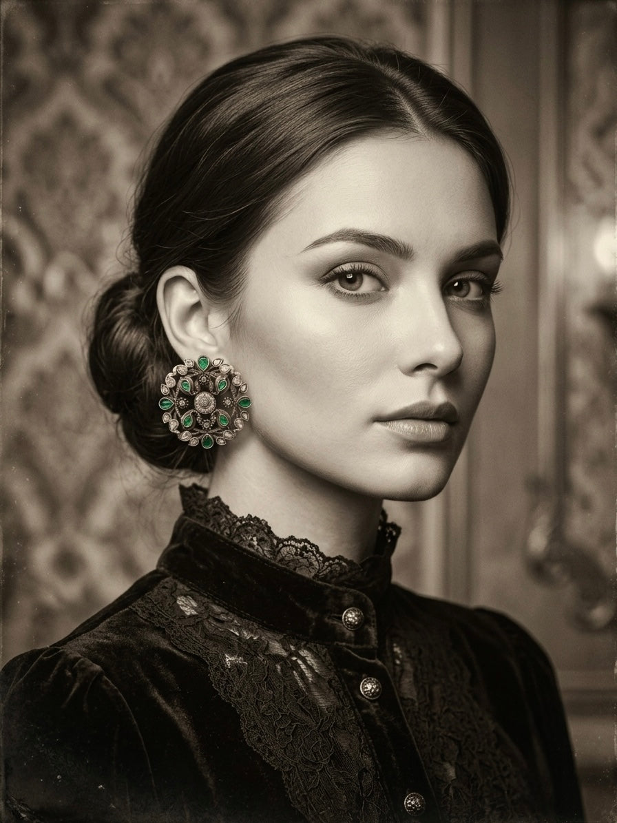 Woman wearing large round oxidised silver stud earring with green emerald stones and kundan setting, styled with black Victorian velvet dress