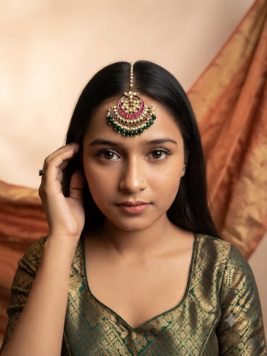 Model wearing kundan jadau maang tikka with green and pink stonework for bridal look