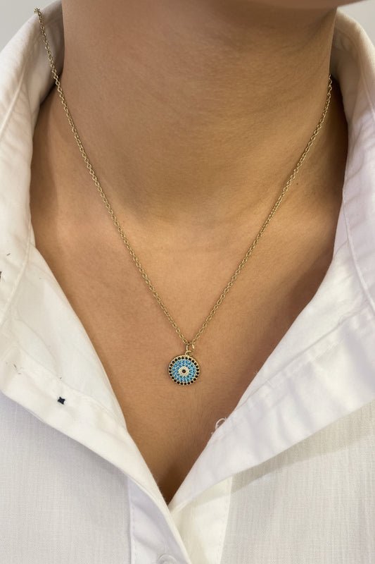 Model wearing Evil Eye Pendant Necklace