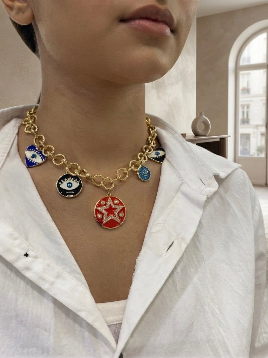 Celestial Evil Eye & Star Charm Statement Necklace