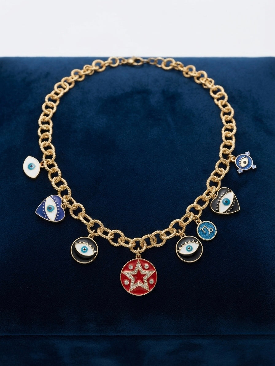 Celestial Evil Eye & Star Charm Statement Necklace