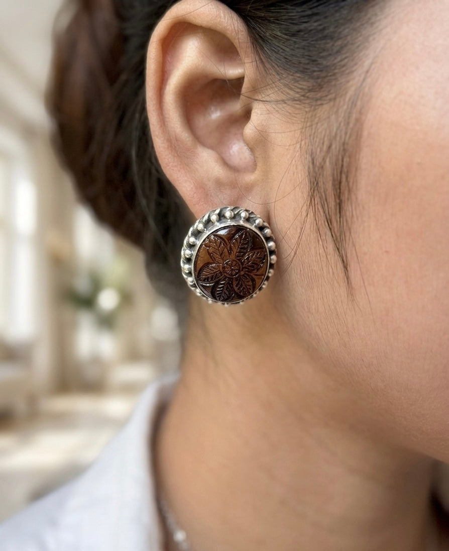Carved Floral Tiger’s Eye Silver Stud Earrings