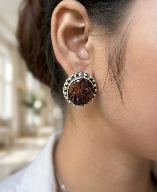 Carved Floral Tiger’s Eye Silver Stud Earrings