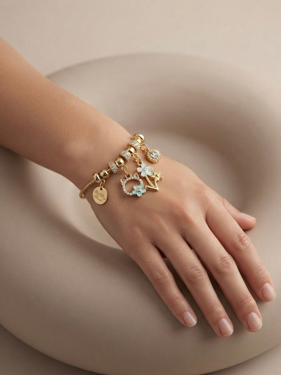 Floral & Cat Charm Bracelet