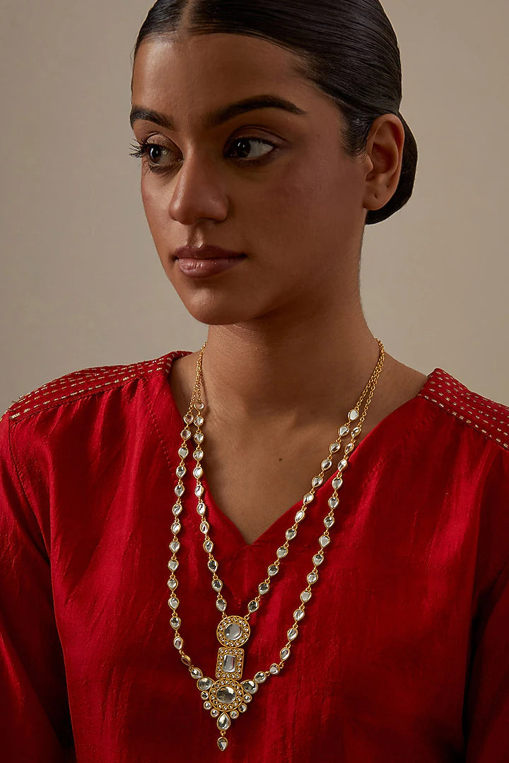 Gold Plated Kundan Polki & Pearl Long Necklace