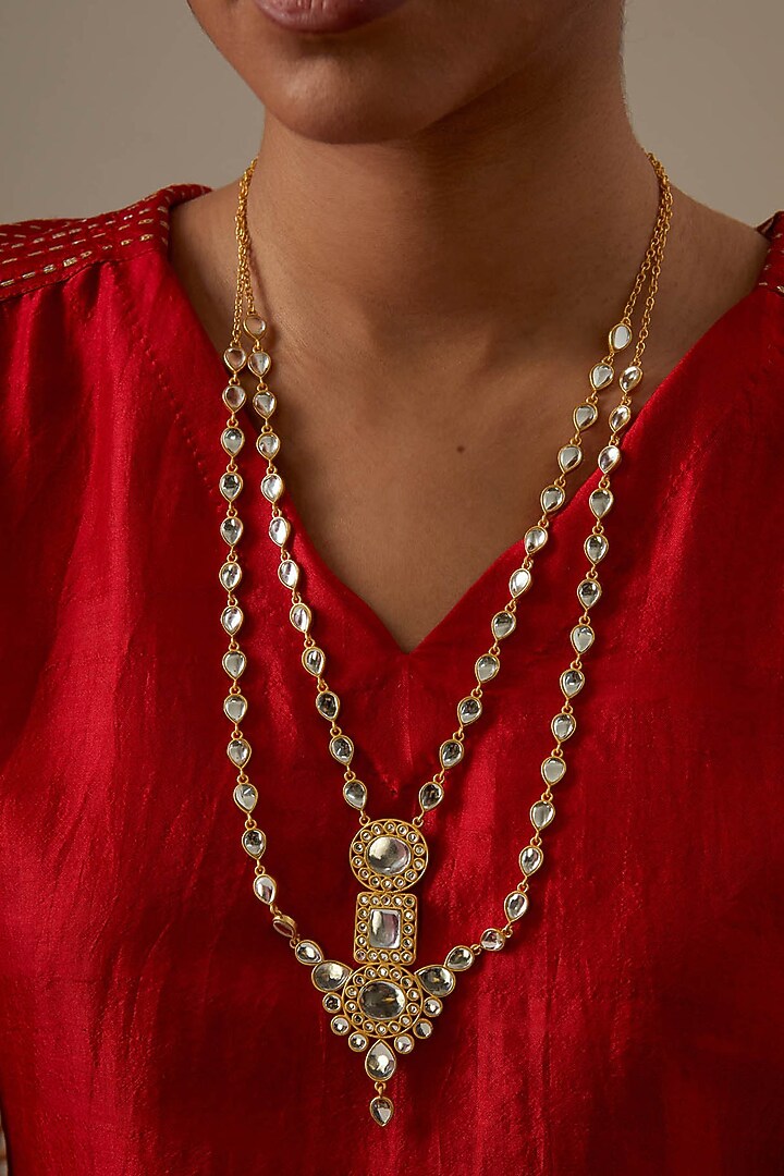 Gold Plated Kundan Polki & Pearl Long Necklace