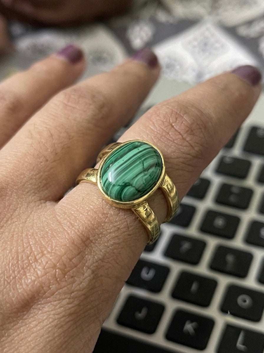 Gold double band malachite ring with oval green cabochon stone on hand, boho fine jewelry, natural gemstone ring
