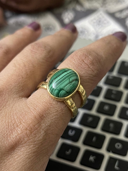 Gold double band malachite ring with oval green cabochon stone on hand, boho fine jewelry, natural gemstone ring