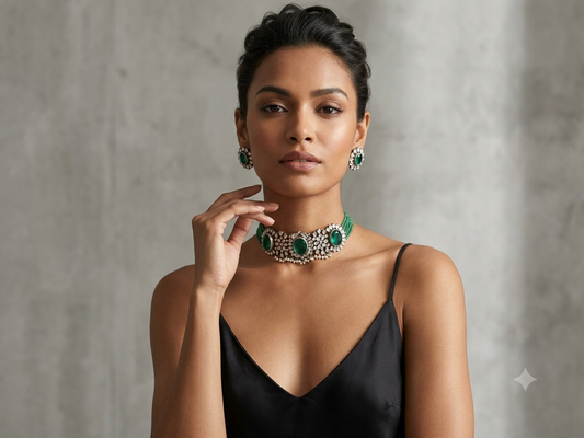 Woman wearing a green emerald necklace and earrings against a gray background