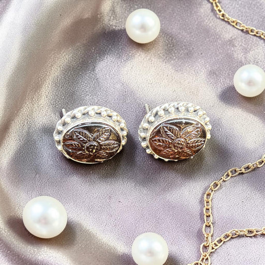 Carved Floral Tiger’s Eye Silver Stud Earrings