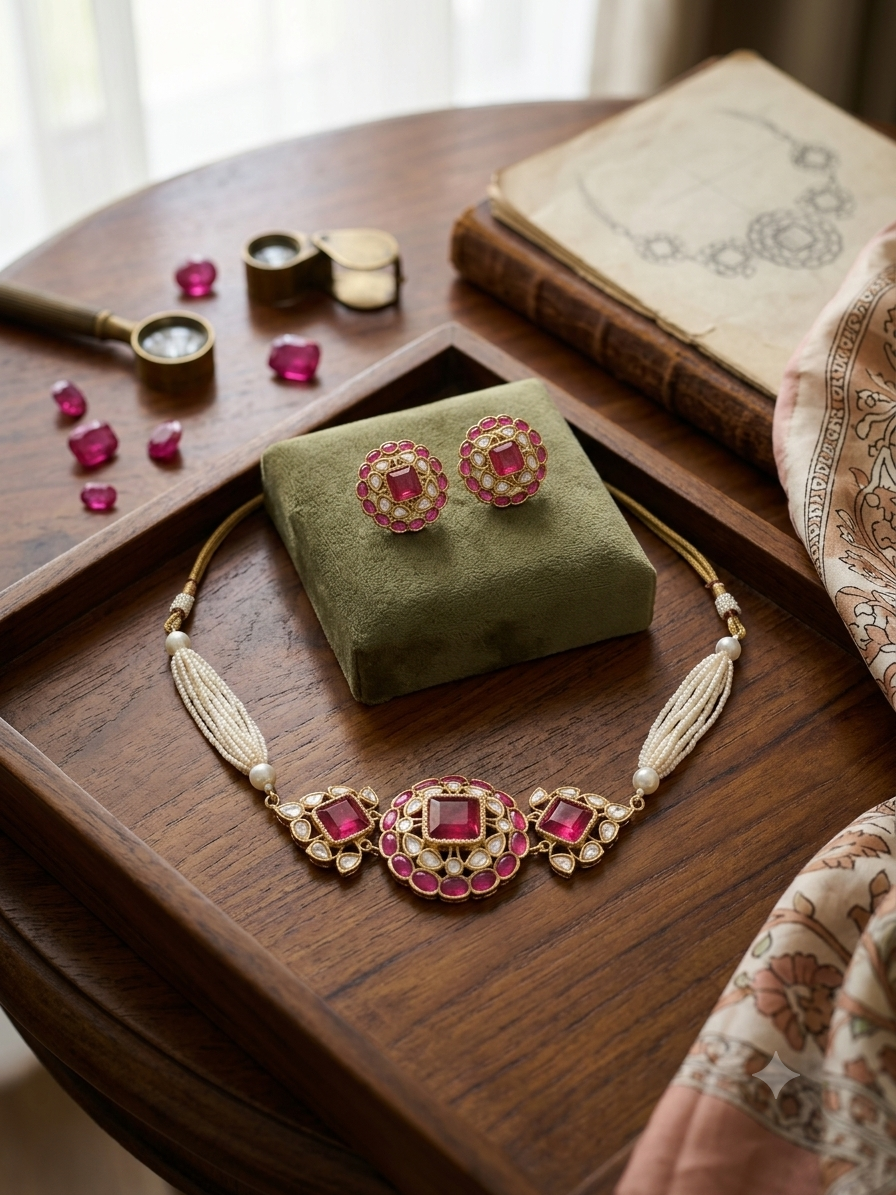 Kundan Ruby Choker Necklace & Earrings Set