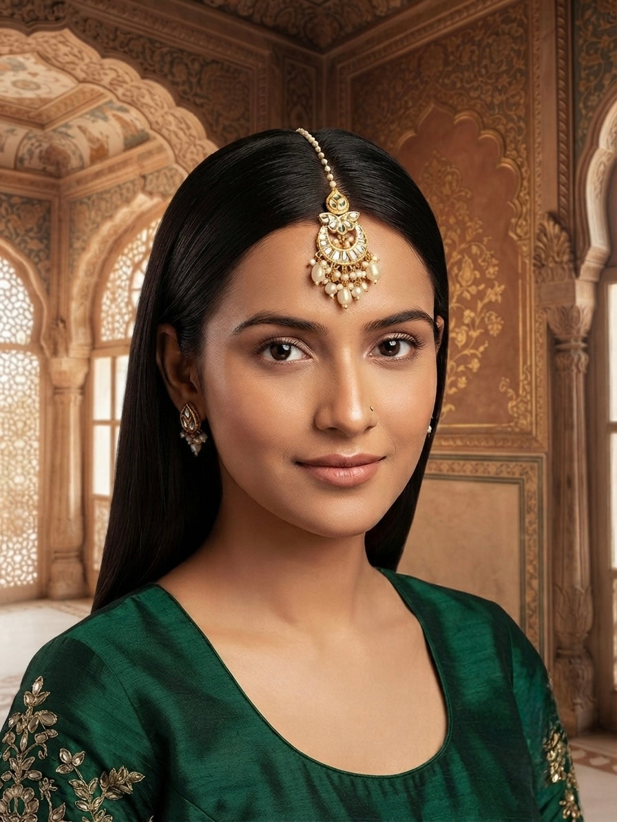 Model wearing Kundan Maang Tikka with Pearl Drops 