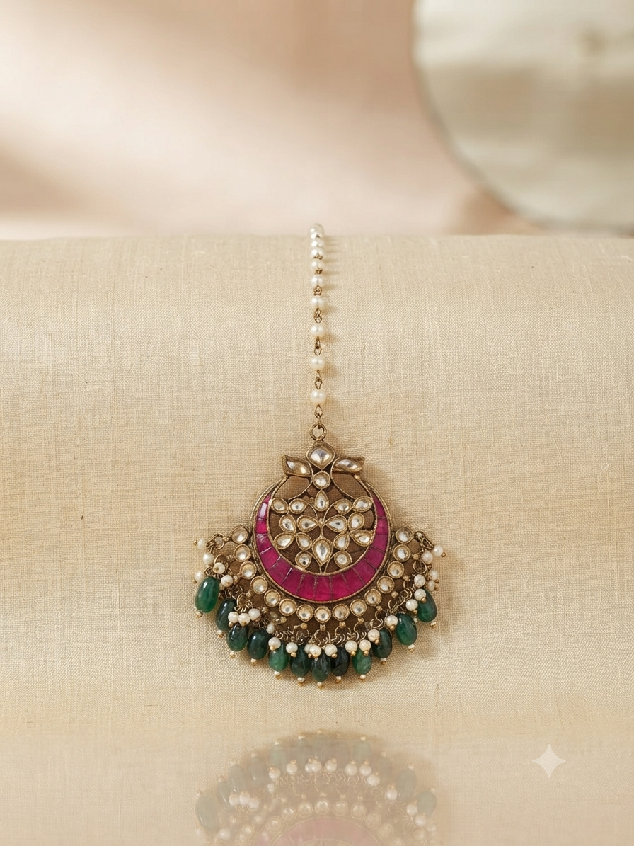 Gold plated kundan jadau maang tikka with pink stones and emerald beads on pearl chain