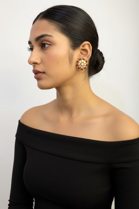 Red CZ crystal and moissanite polki floral stud earrings worn by model, statement festive earrings for women