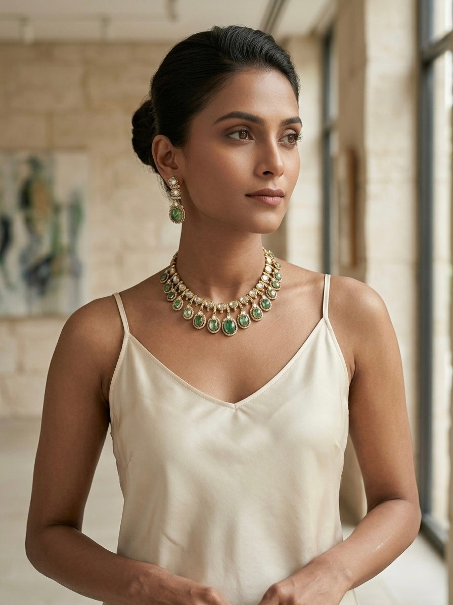 Woman wearing moss agate green stone gold-tone choker necklace and matching drop earrings with white silk dress