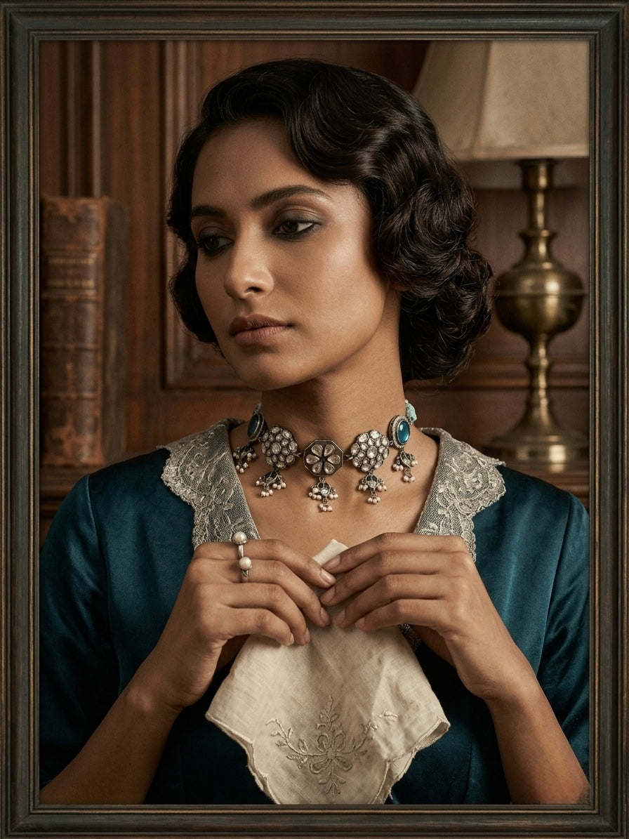Oxidised 92.5 sterling silver multi-pendant choker necklace featuring kundan floral medallions, hexagonal flower motifs, turquoise enamel cabochons, and cascading seed pearl drops, strung on multi-strand turquoise seed bead chains, styled on a model wearing a teal silk dress with lace collar.