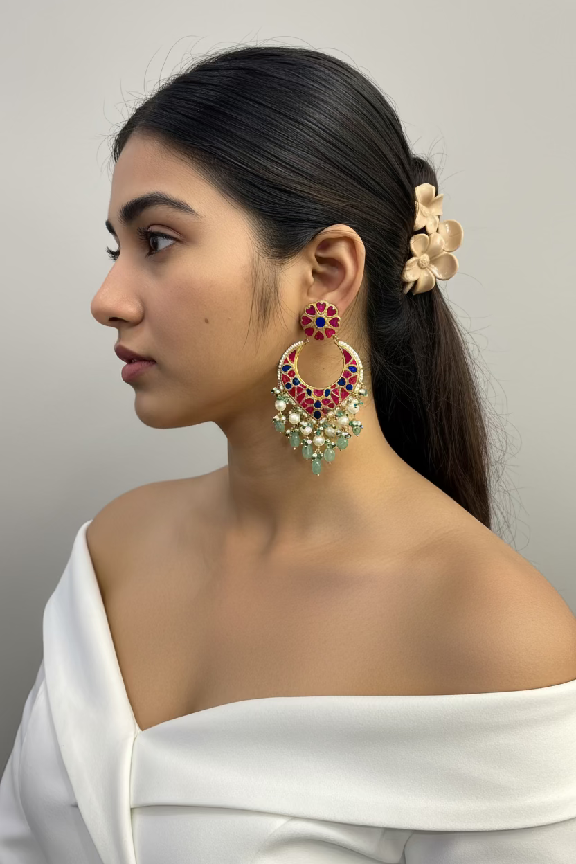 Model wearing oversized multicolored kundan chandelier earrings with pearl and mint bead drops, styled with an off-shoulder white outfit