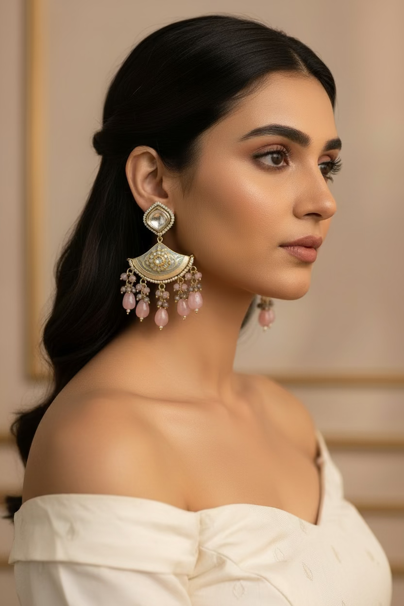 Kundan pink drop statement earrings for women, handcrafted festive and wedding earrings with pearl detailing, designer Indian occasion jewellery