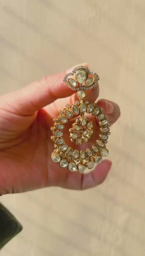 Luxe Uncut Polki Halo Drop Earrings in Antique Gold